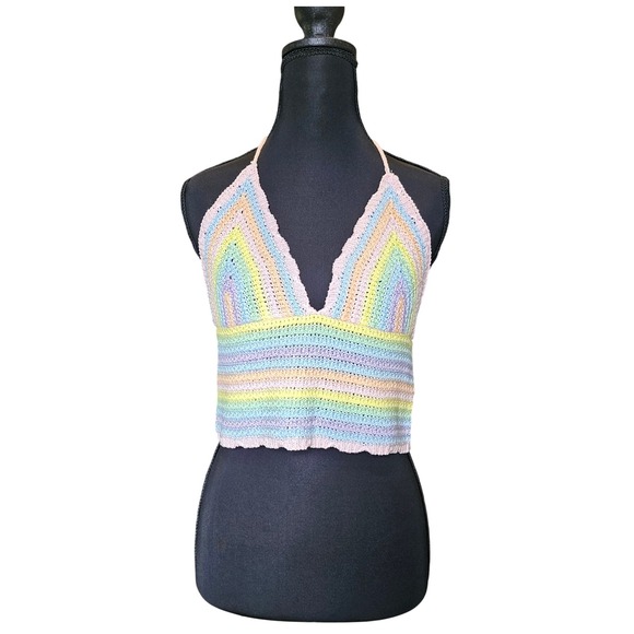 Sincerely Jules Crochet Halter Top Rainbow Pastel Lace Up Back M Boho Festival - Picture 1 of 6